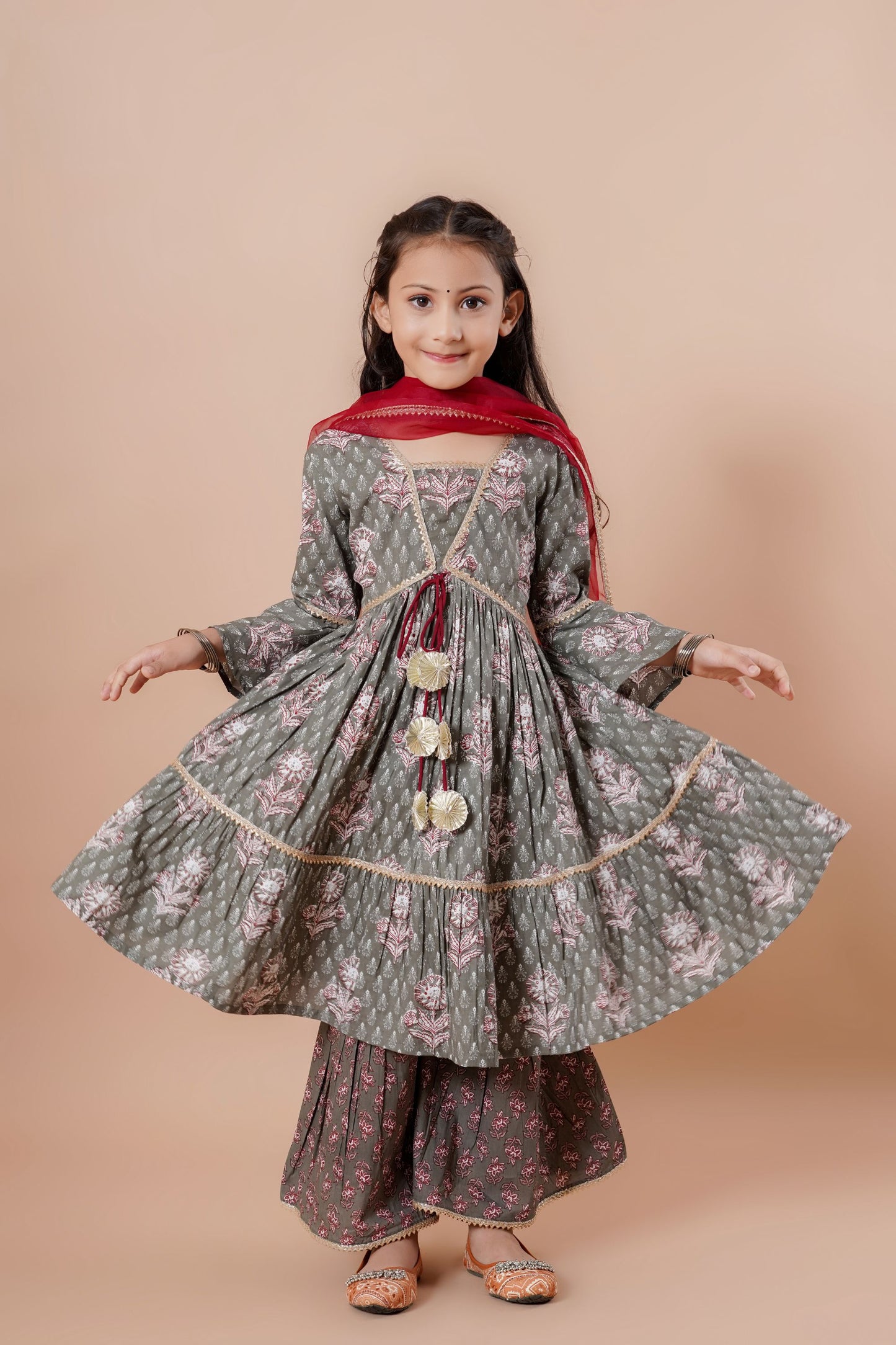 Cutiediva Girls Festive Printed Angrakha Pure Cotton Kurta & Sharara With Dupatta