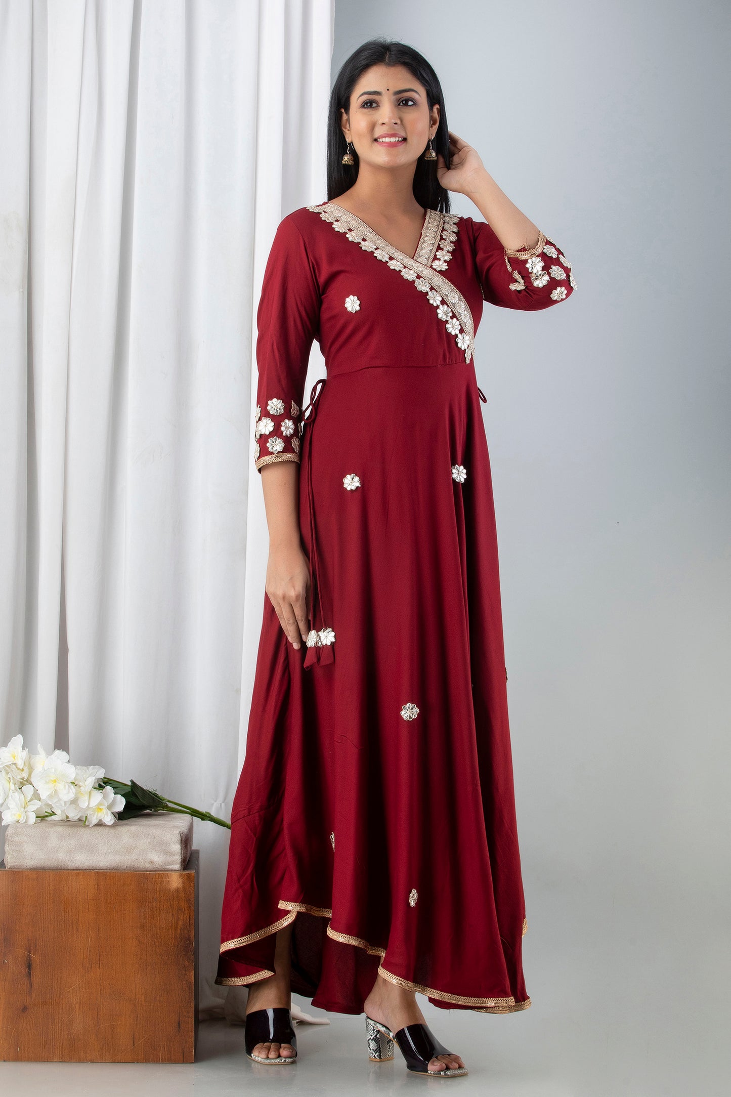 Jaipurite Maroon Gotta Patti Embroidered Festive & Wedding Wear Flared Long Kurta