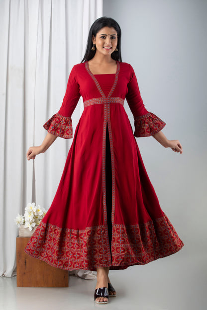 Jaipurite Red Open Front Designer Festive Wear Long Kurta