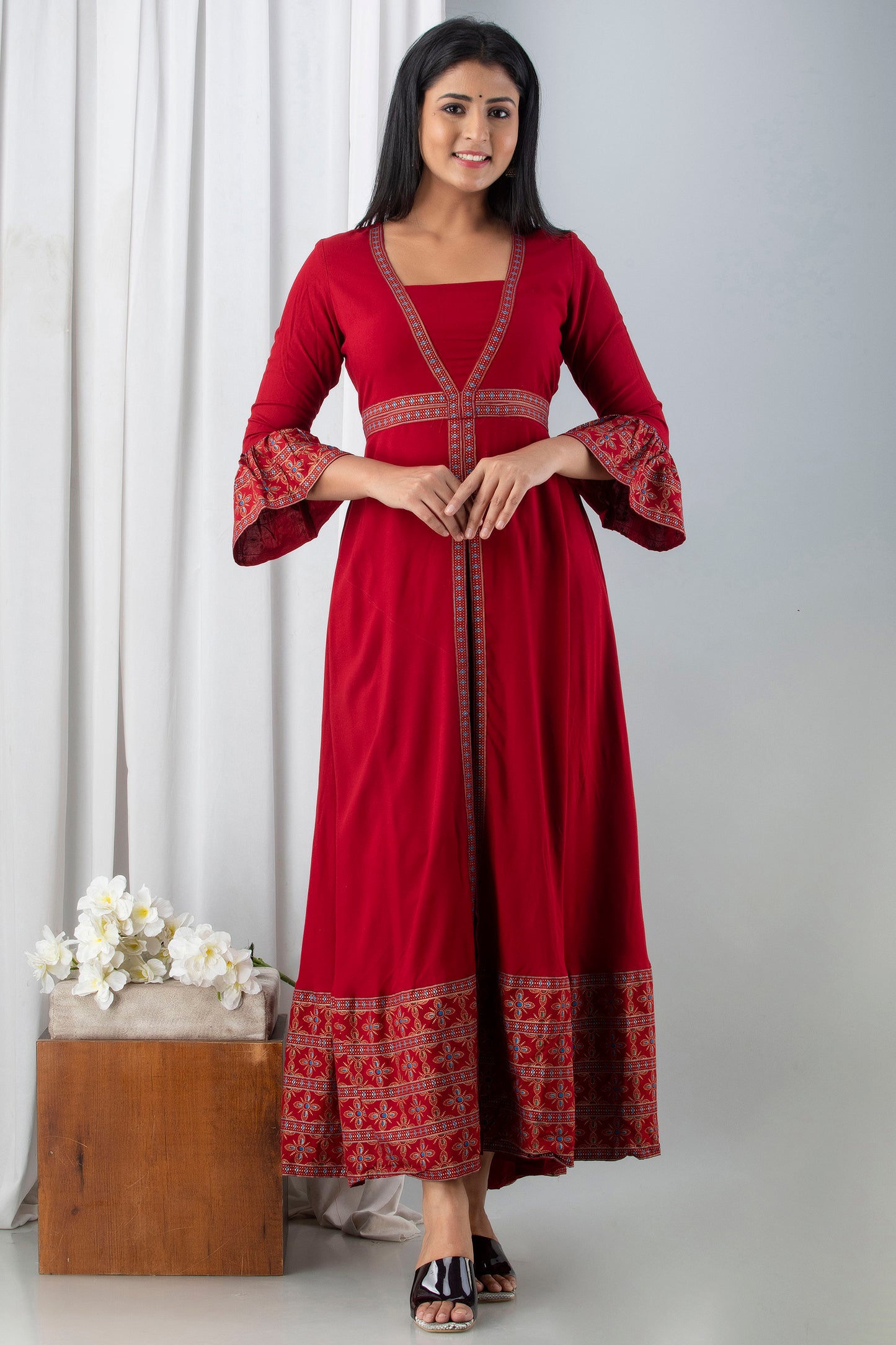 Jaipurite Red Open Front Designer Festive Wear Long Kurta