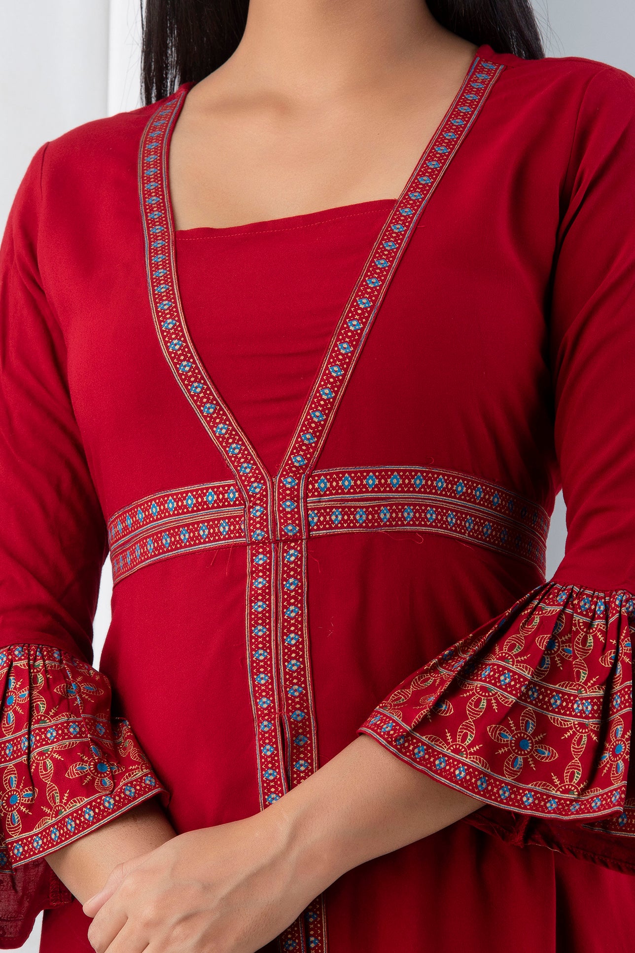 Jaipurite Red Open Front Designer Festive Wear Long Kurta