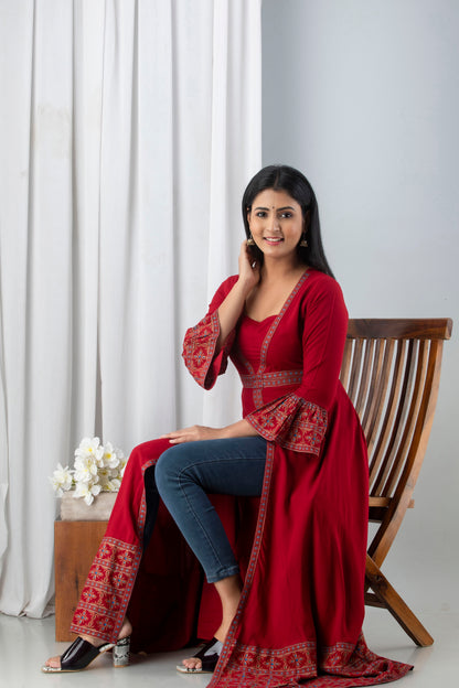 Jaipurite Red Open Front Designer Festive Wear Long Kurta