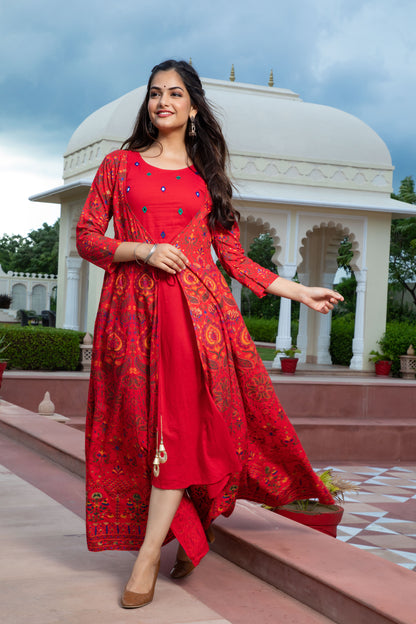 Jaipurite Embroidered Red Party Wear Long Kurta