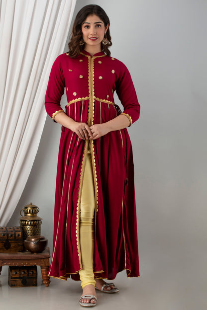 Jaipurite Maroon Gotta Patti Open Front Festive Party Wear Long Flared Kurta