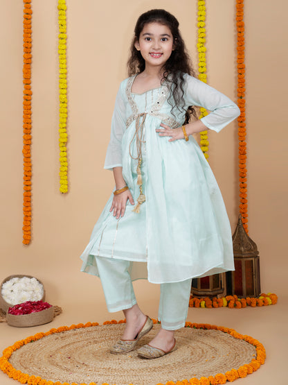 Girls Festive Shrug with Kurta and Pant Set in Aqua Blue