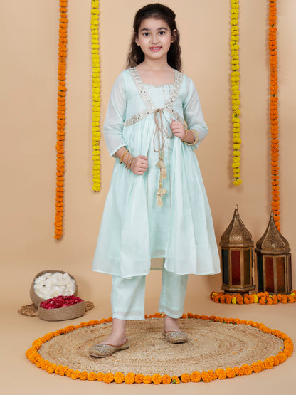 Girls Festive Shrug with Kurta and Pant Set in Aqua Blue