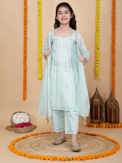 Girls Festive Shrug with Kurta and Pant Set in Aqua Blue