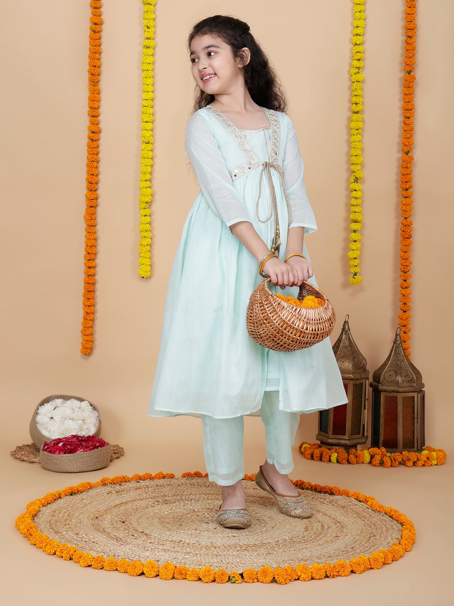 Girls Festive Shrug with Kurta and Pant Set in Aqua Blue