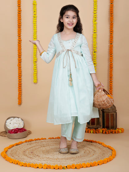 Girls Festive Shrug with Kurta and Pant Set in Aqua Blue