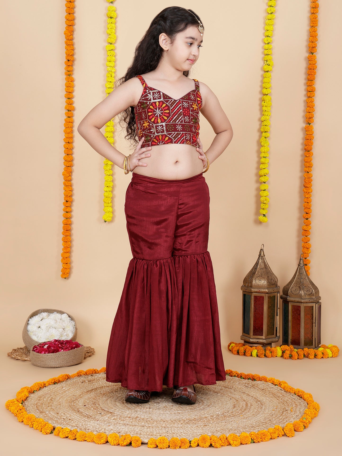 Girls Embroidered Sharara Choli With Shrug Set
