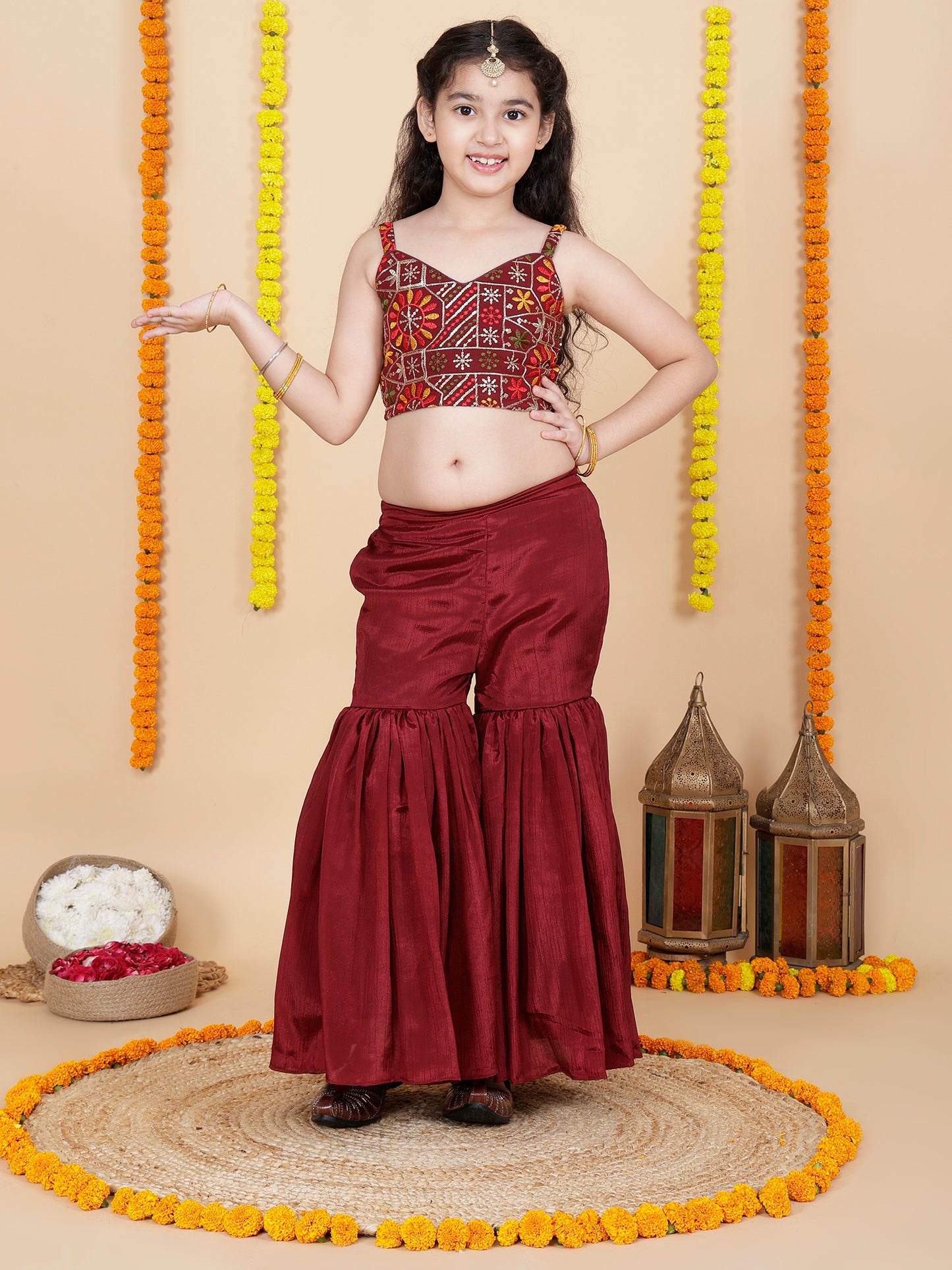 Girls Embroidered Sharara Choli With Shrug Set