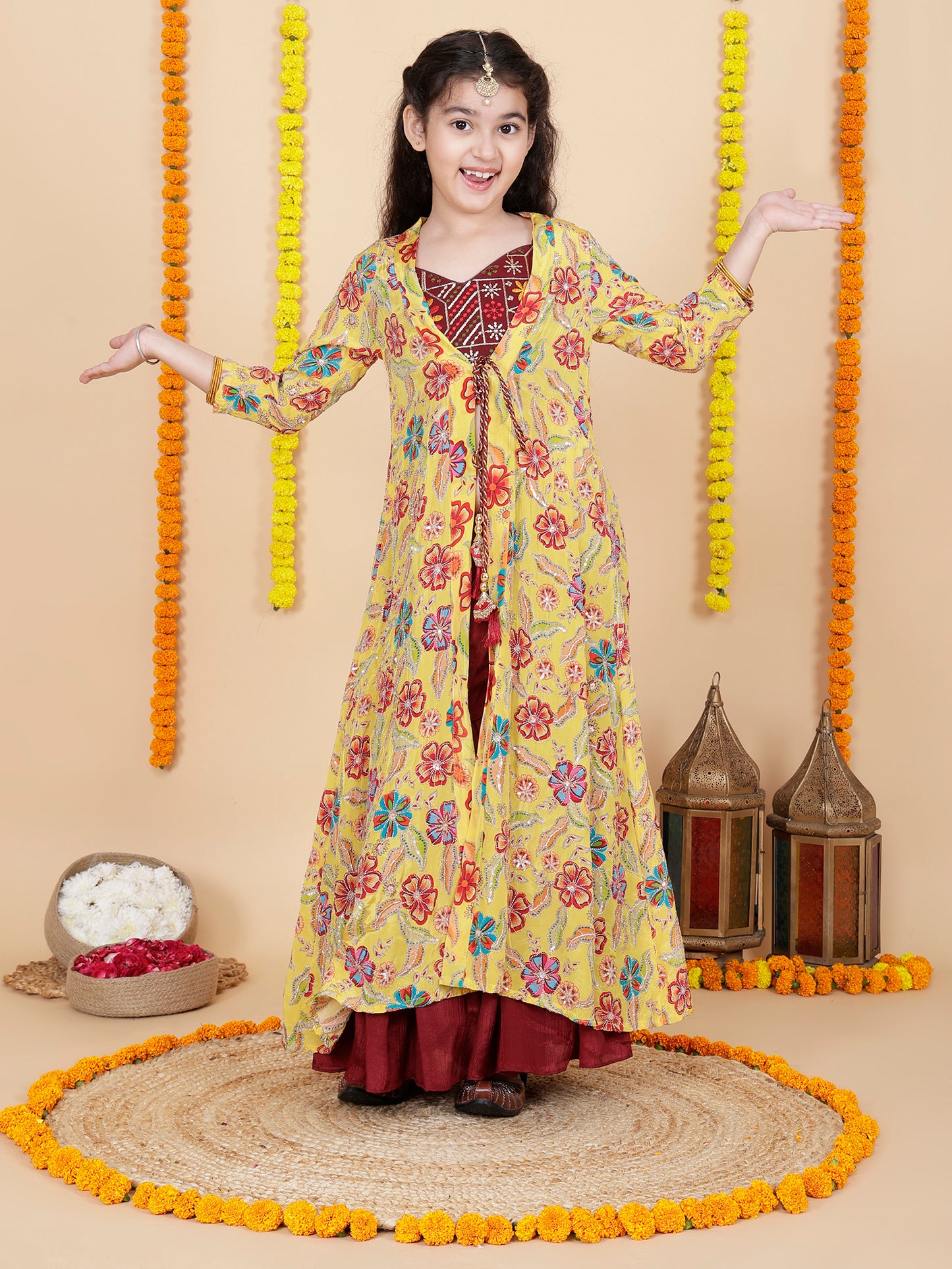 Girls Embroidered Sharara Choli With Shrug Set