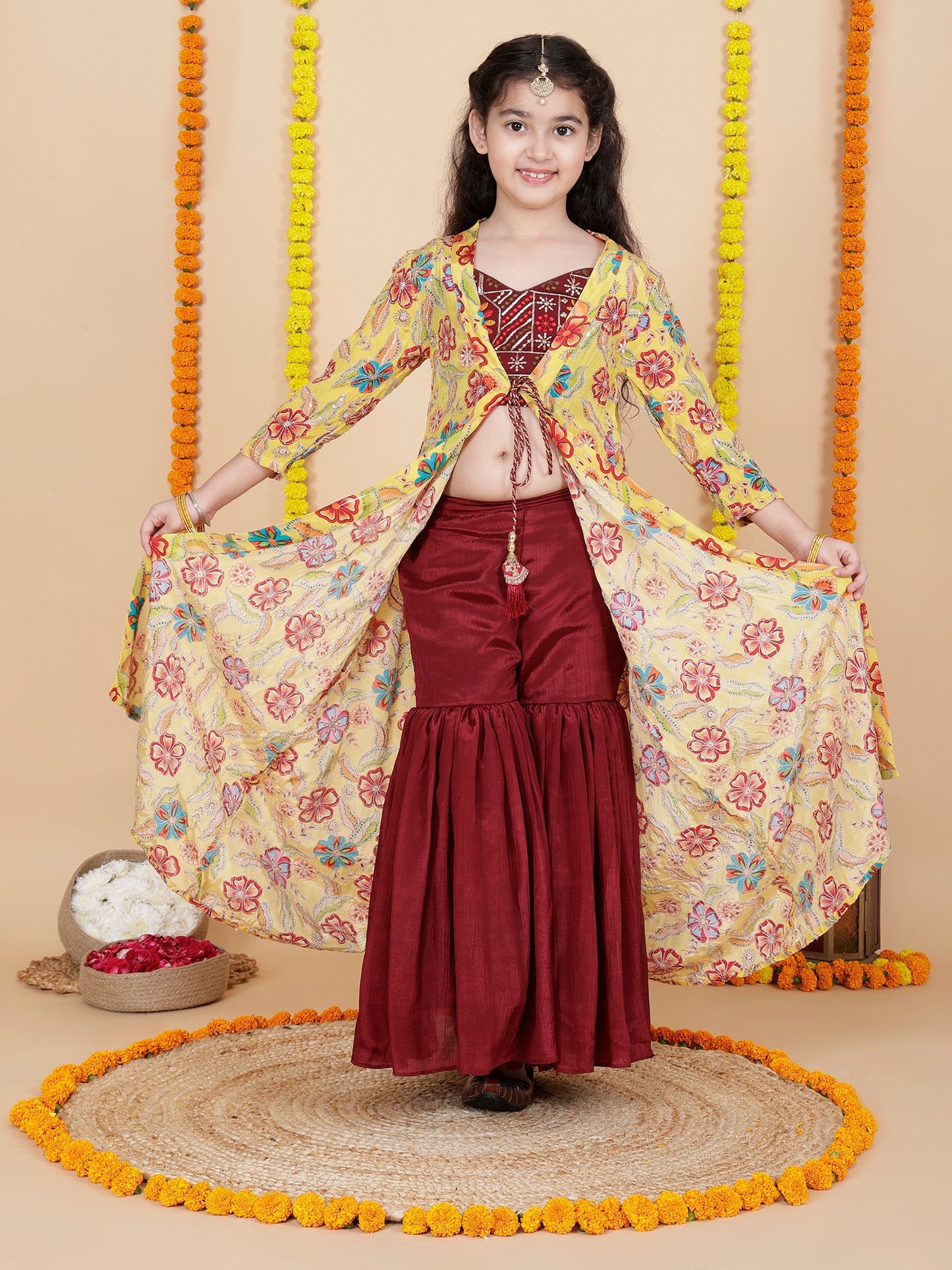 Girls Embroidered Sharara Choli With Shrug Set