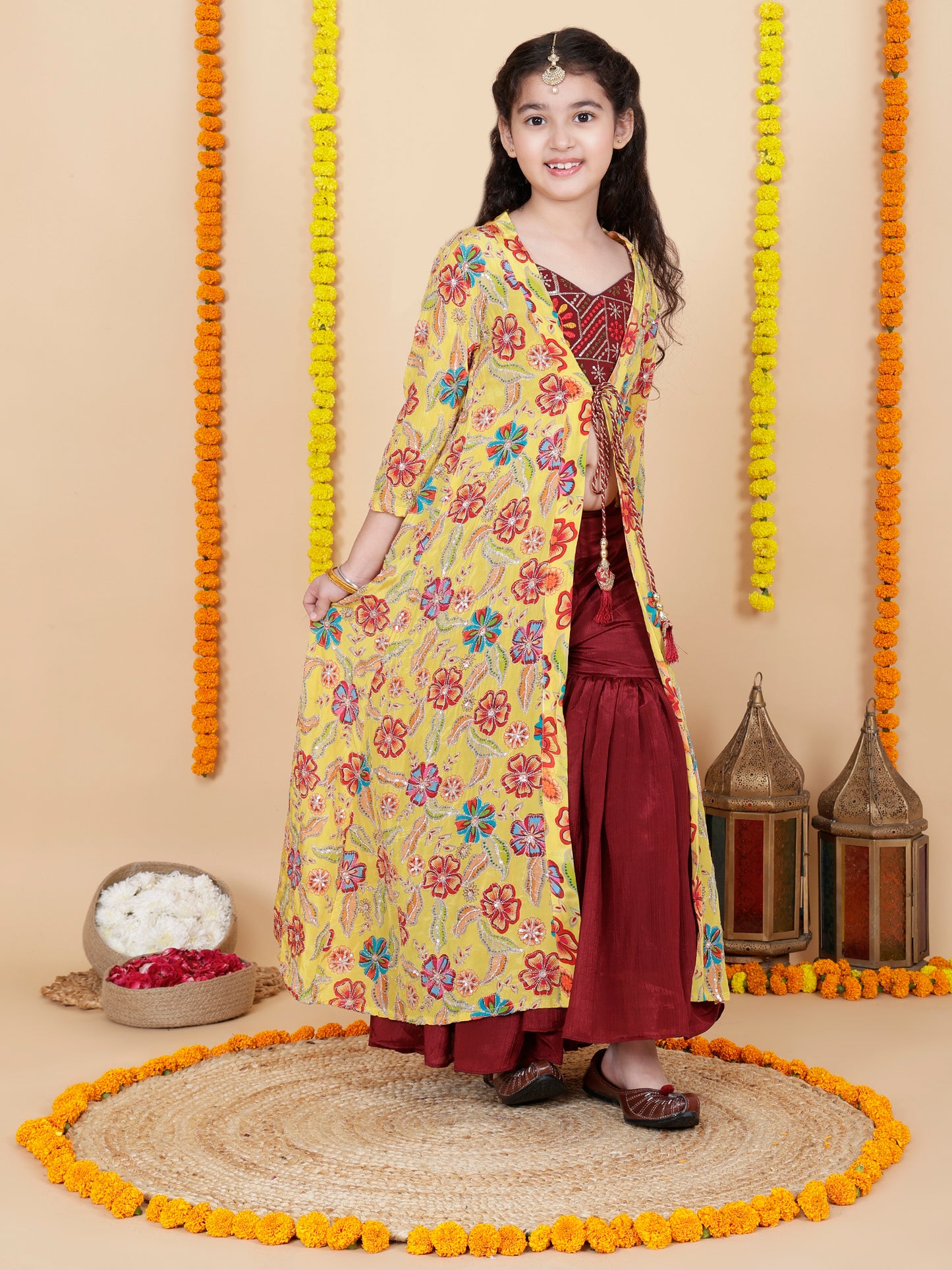 Girls Embroidered Sharara Choli With Shrug Set