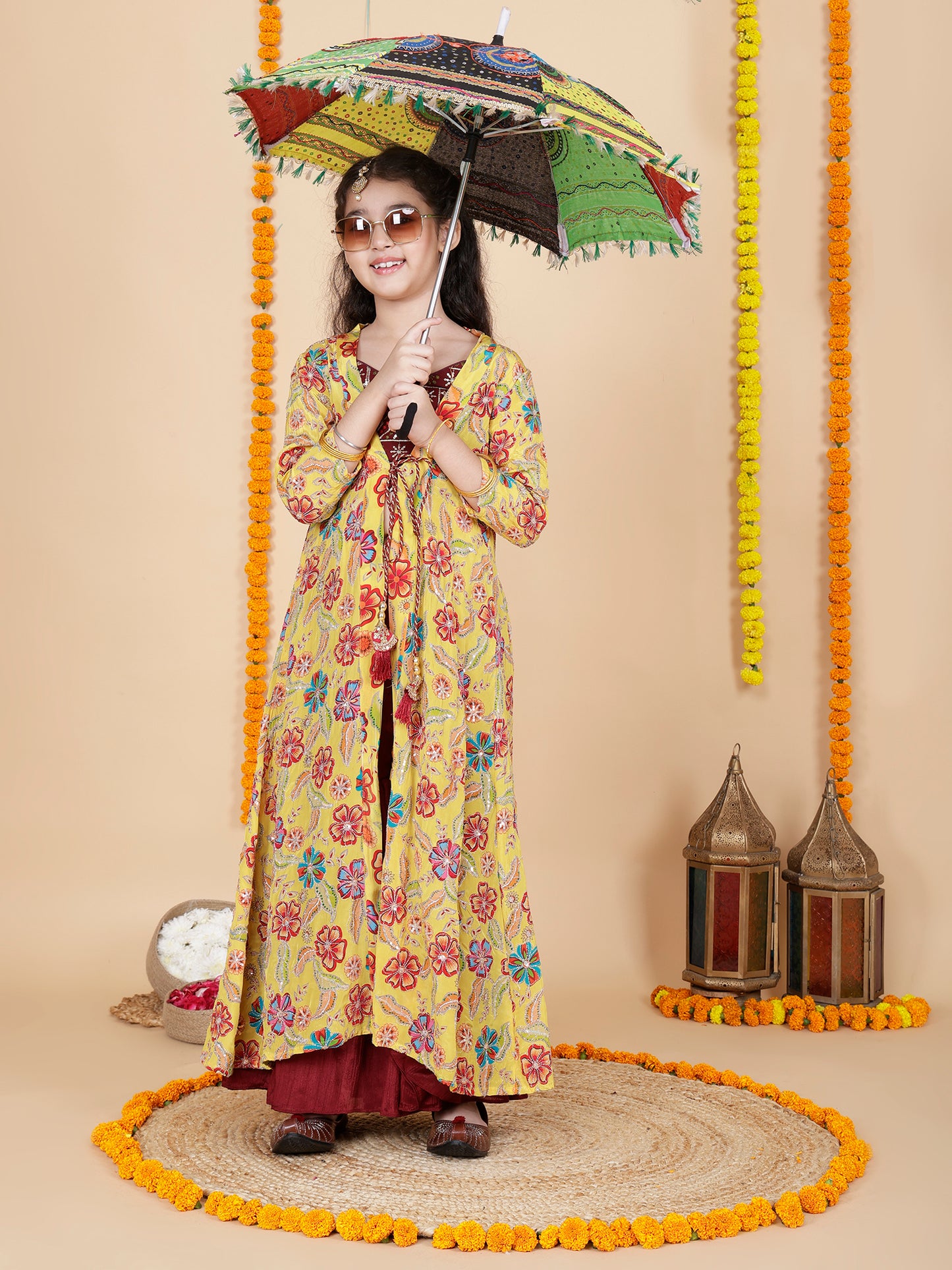 Girls Embroidered Sharara Choli With Shrug Set