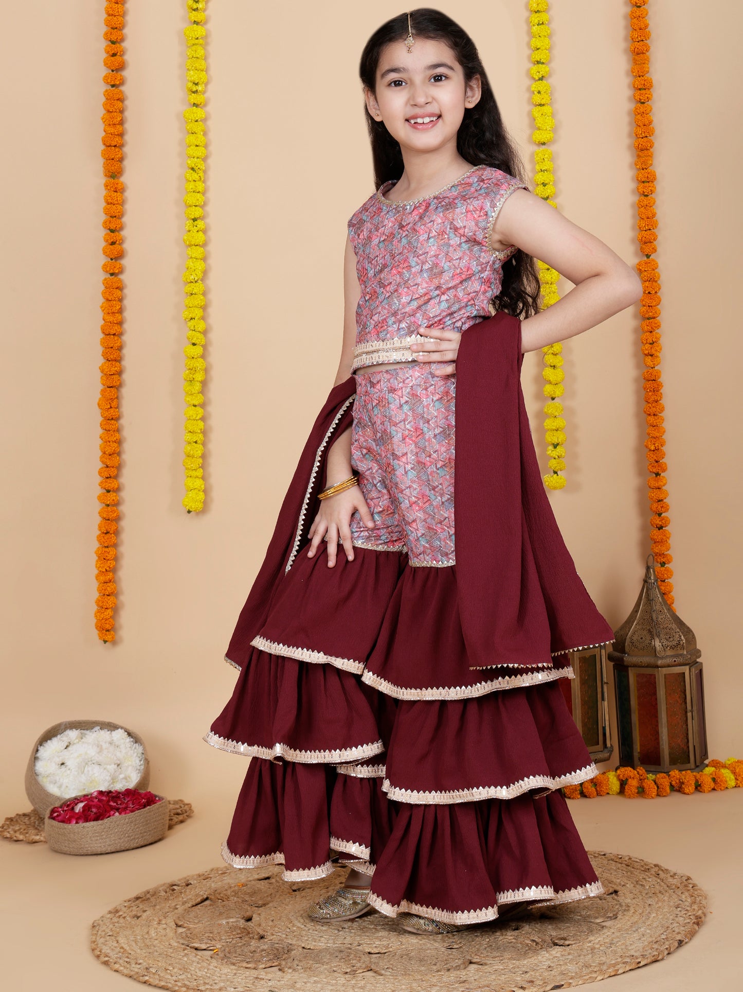 Girls Festive Top & Sharara with Dupatta