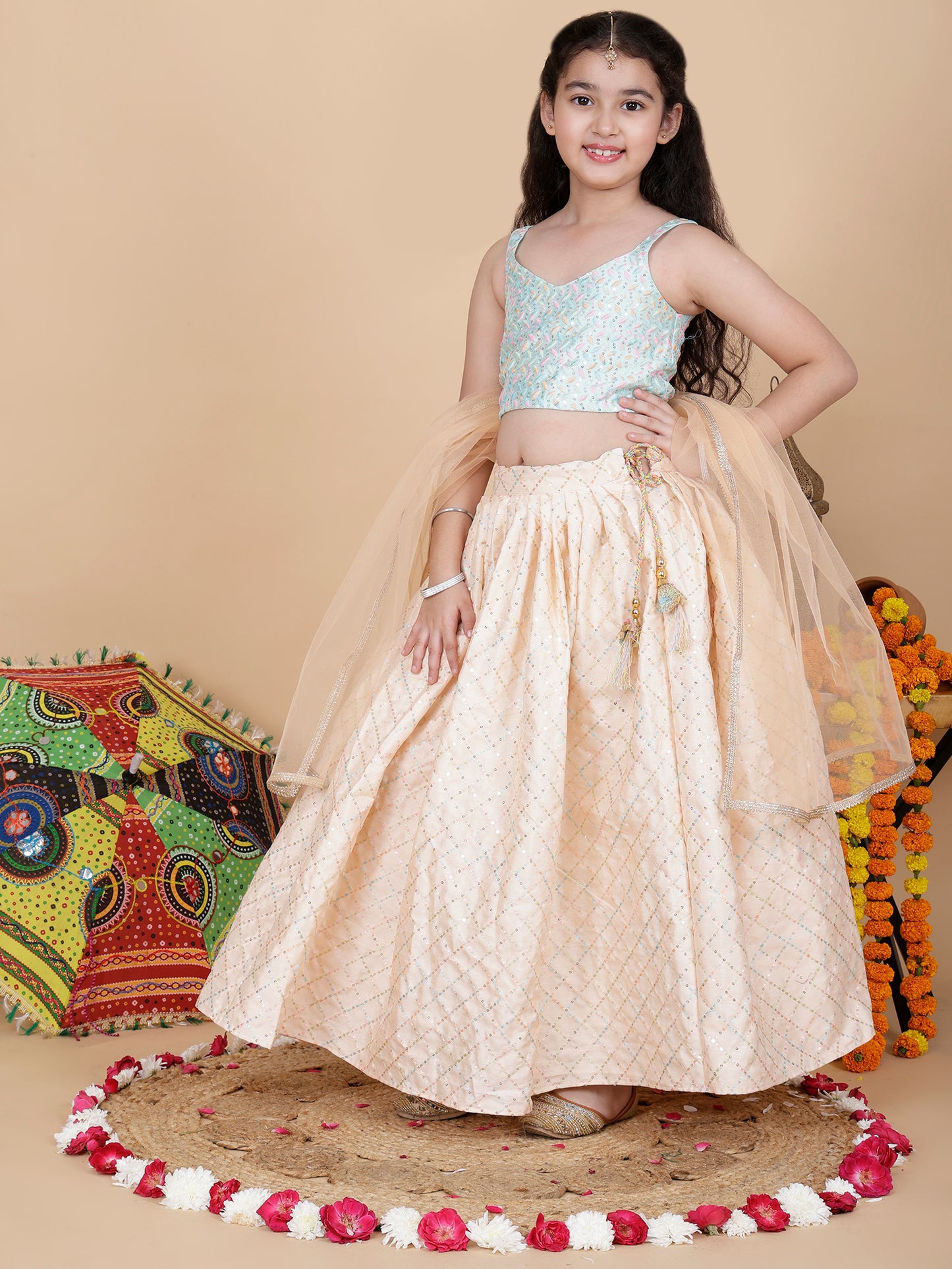 Girls Embroidered Skirt, Top, and Dupatta Set