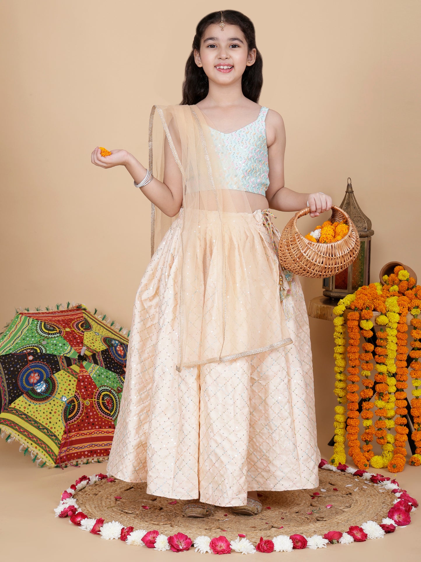 Girls Embroidered Skirt, Top, and Dupatta Set