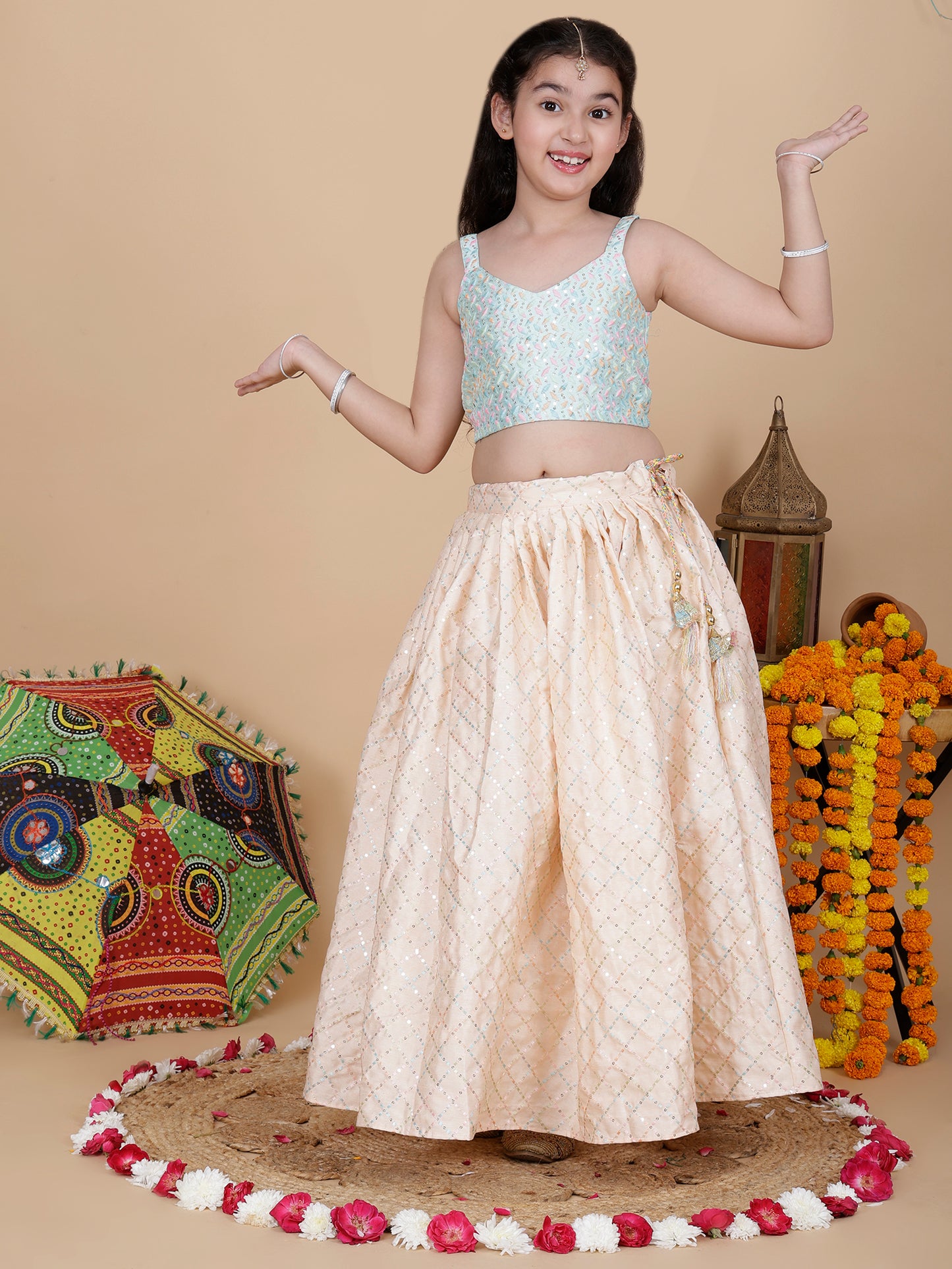 Girls Embroidered Skirt, Top, and Dupatta Set