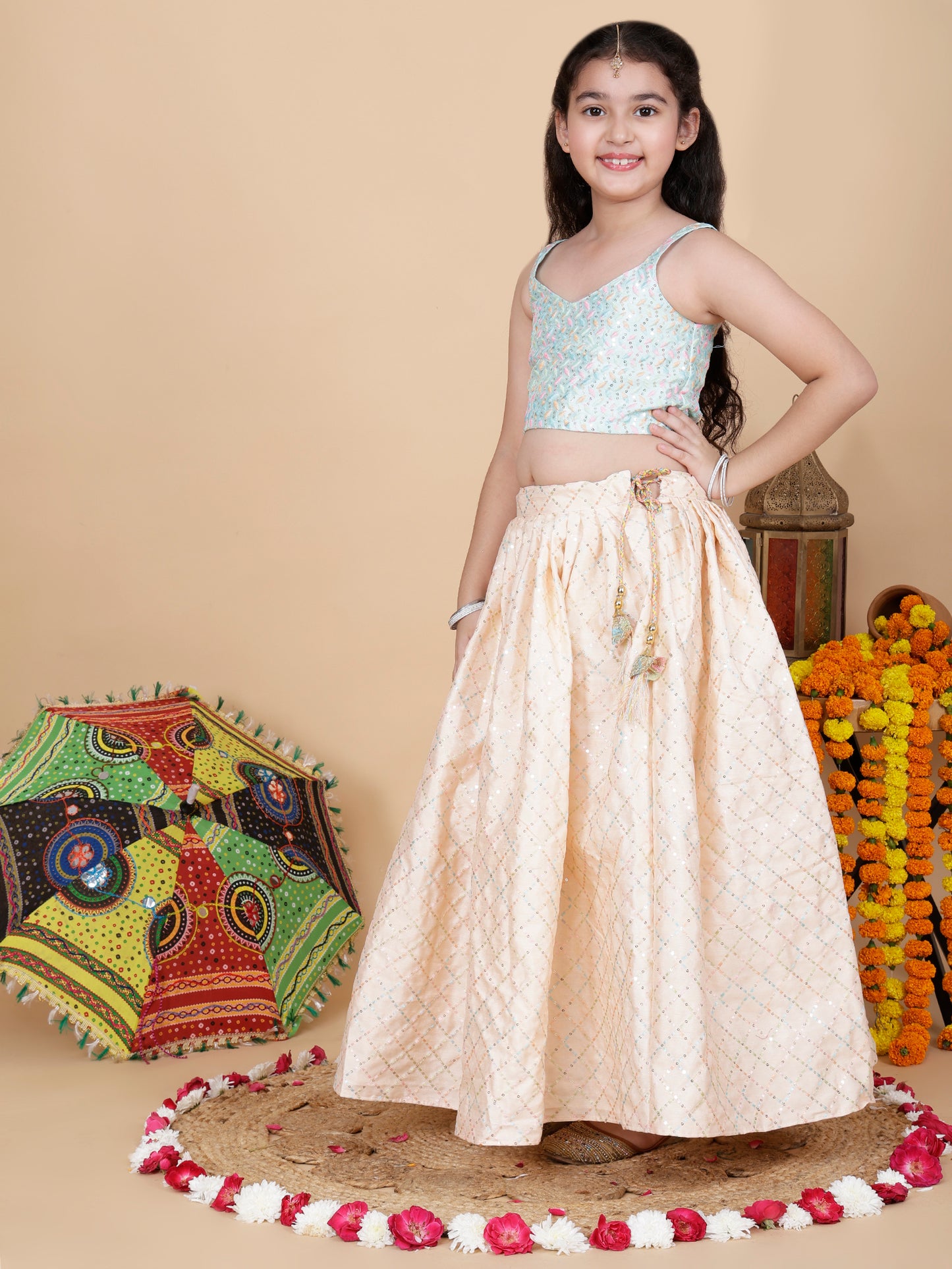 Girls Embroidered Skirt, Top, and Dupatta Set