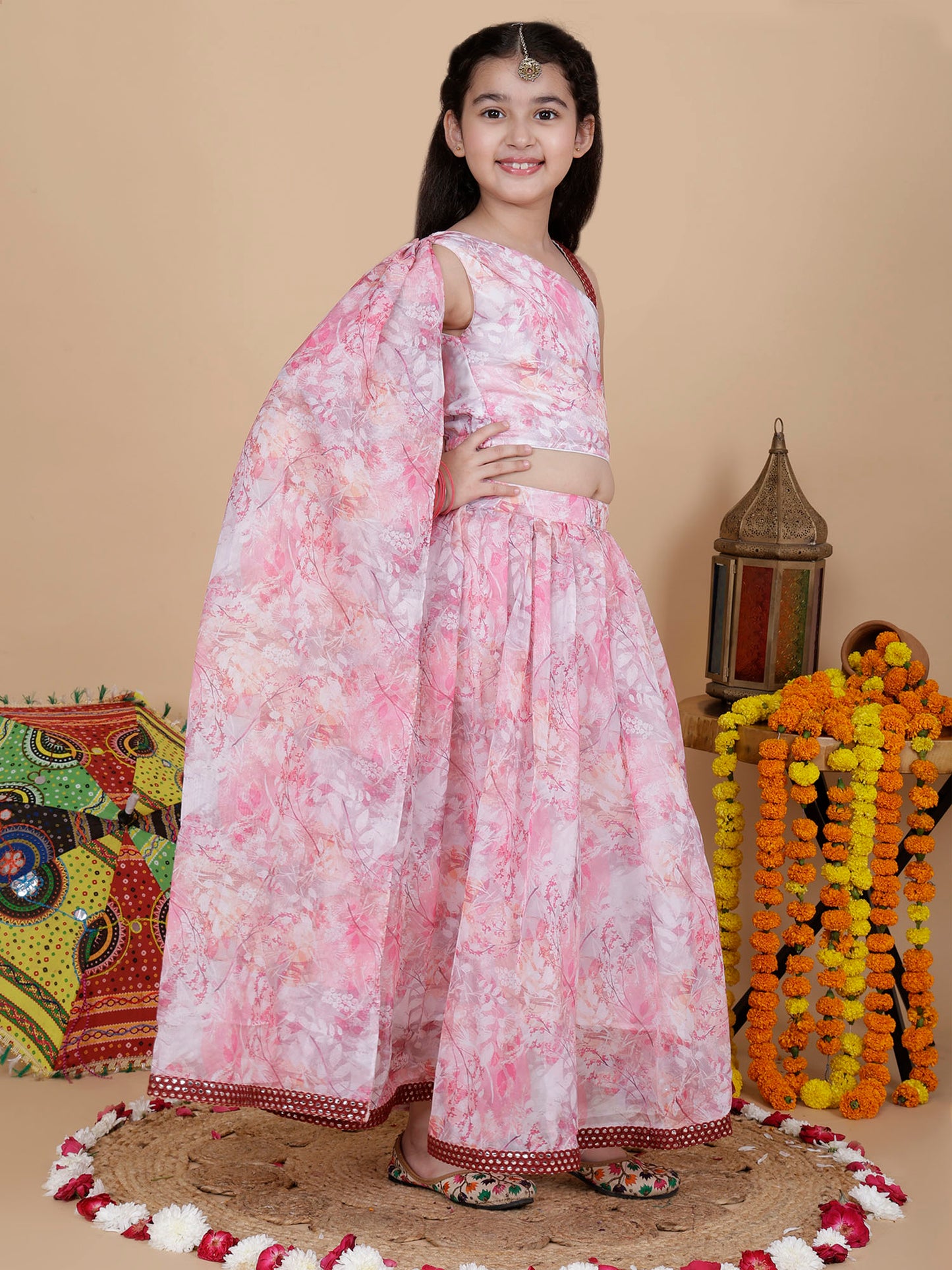 Girls Wedding Wear Designer Top and Skirt Set in Pink