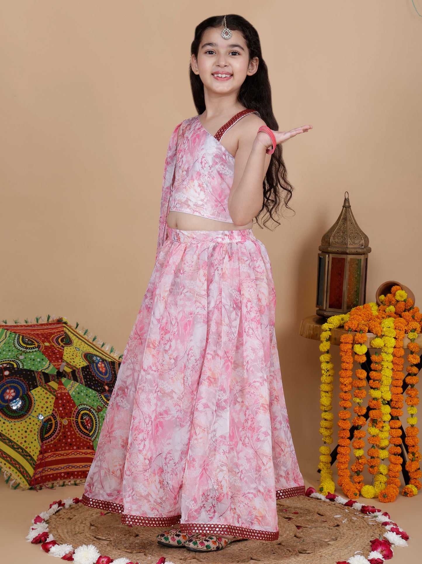 Girls Wedding Top and Skirt Set in Pink