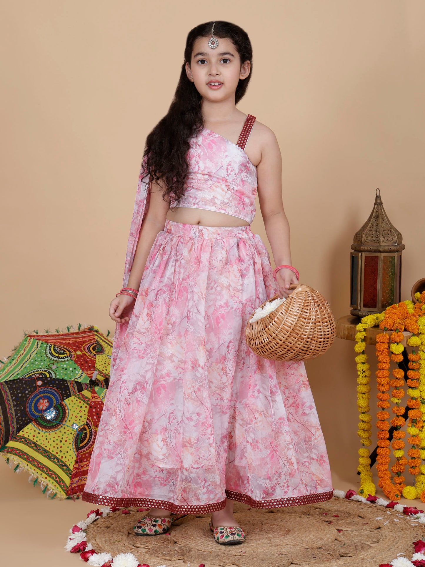 Girls Wedding Wear Designer Top and Skirt Set in Pink