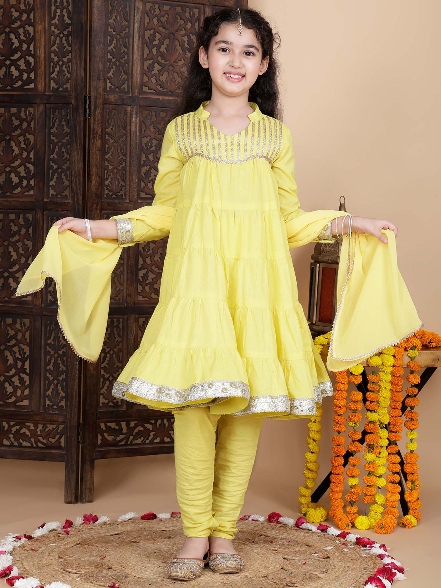 Baby Girls Festive Kurta and Churidar Set in Yellow