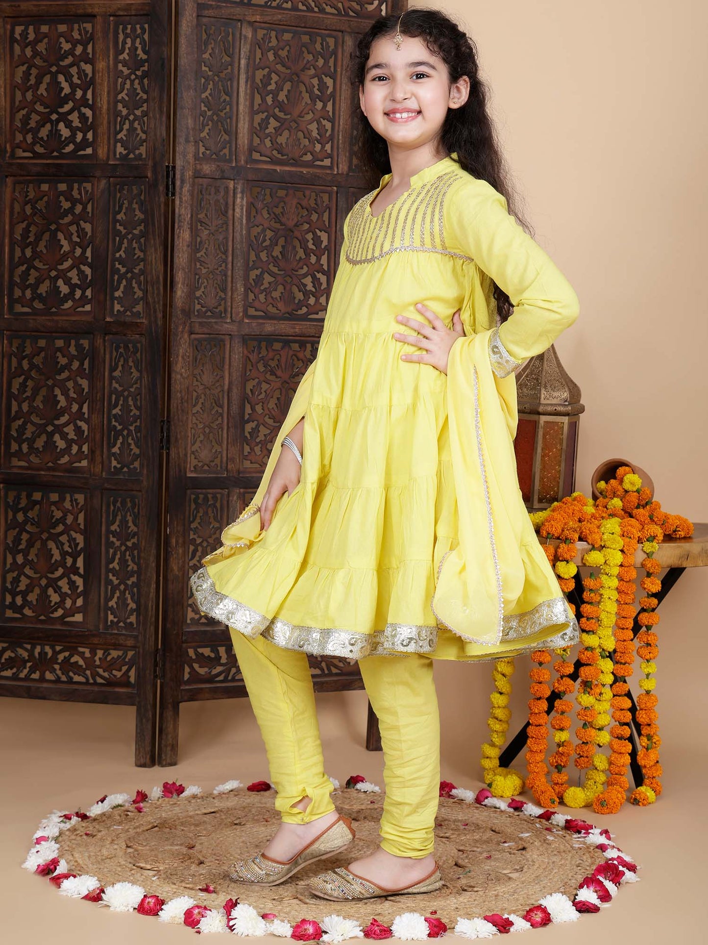 Baby Girls Festive Kurta and Churidar Set in Yellow