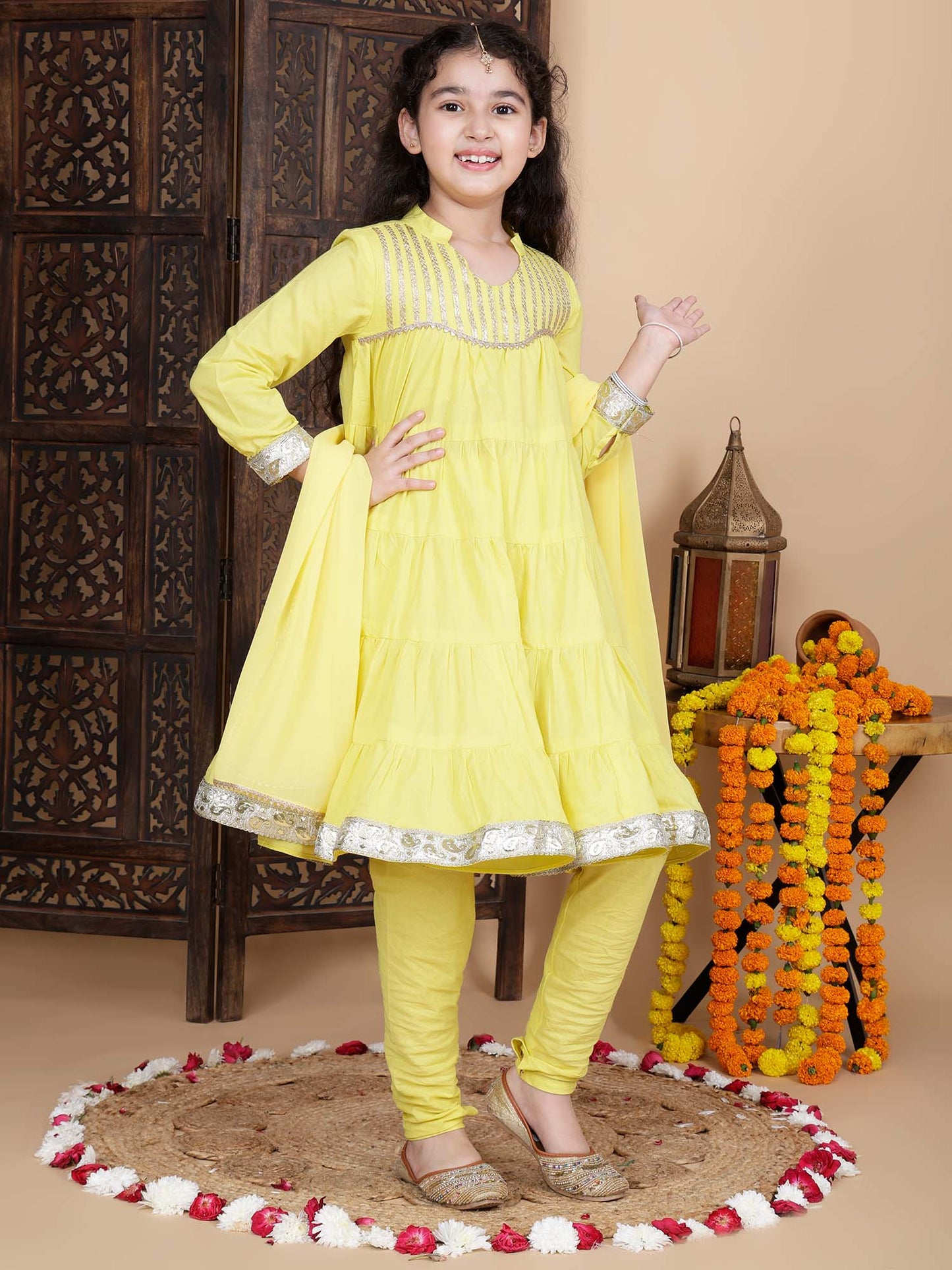 Baby Girls Festive Kurta and Churidar Set in Yellow