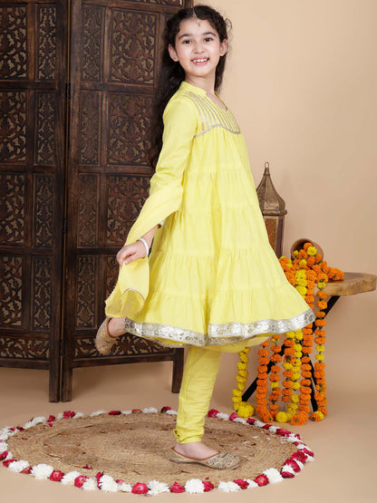 Baby Girls Festive Kurta and Churidar Set in Yellow