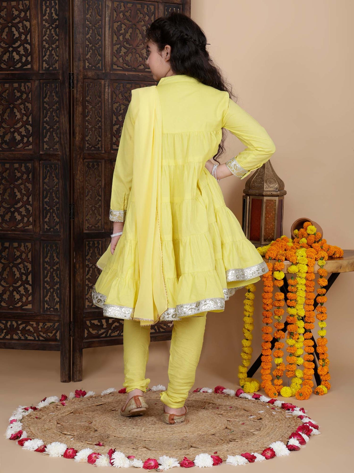 Baby Girls Festive Kurta and Churidar Set in Yellow