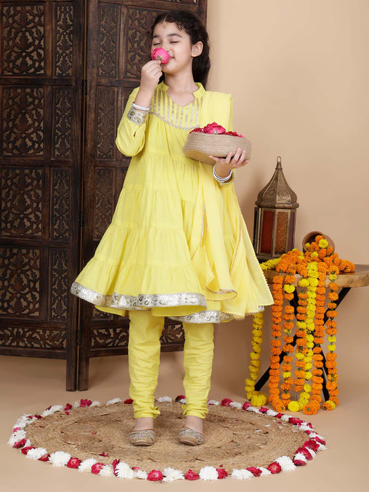 Baby Girls Festive Kurta and Churidar Set in Yellow