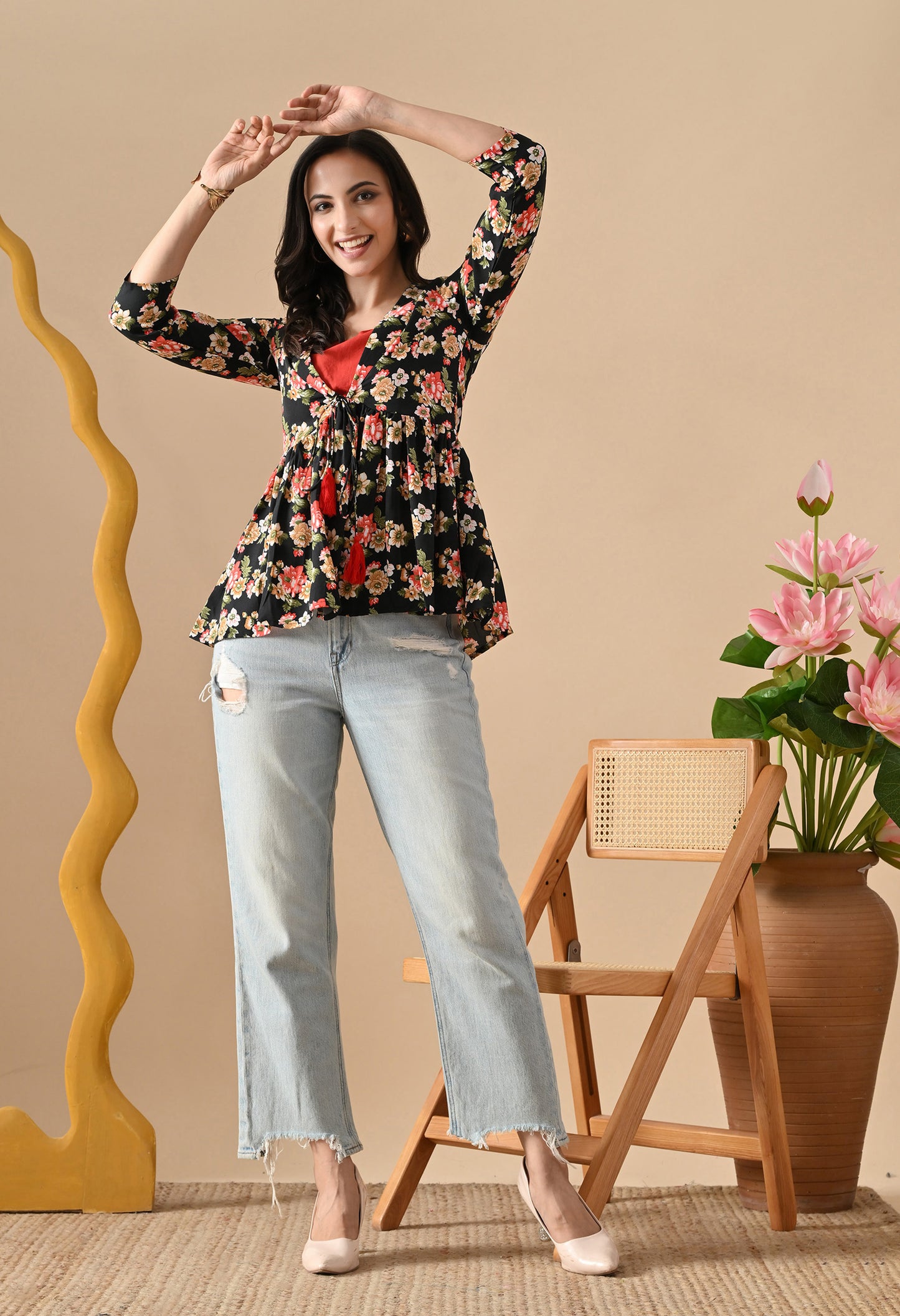Floral Printed Black Tunic For Girls