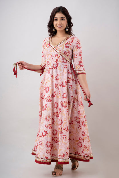 Jaipurite V Neck Anarkali Gotta Patti Floral Pink Long Dress