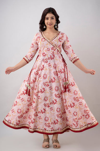 Jaipurite V Neck Anarkali Gotta Patti Floral Pink Long Dress