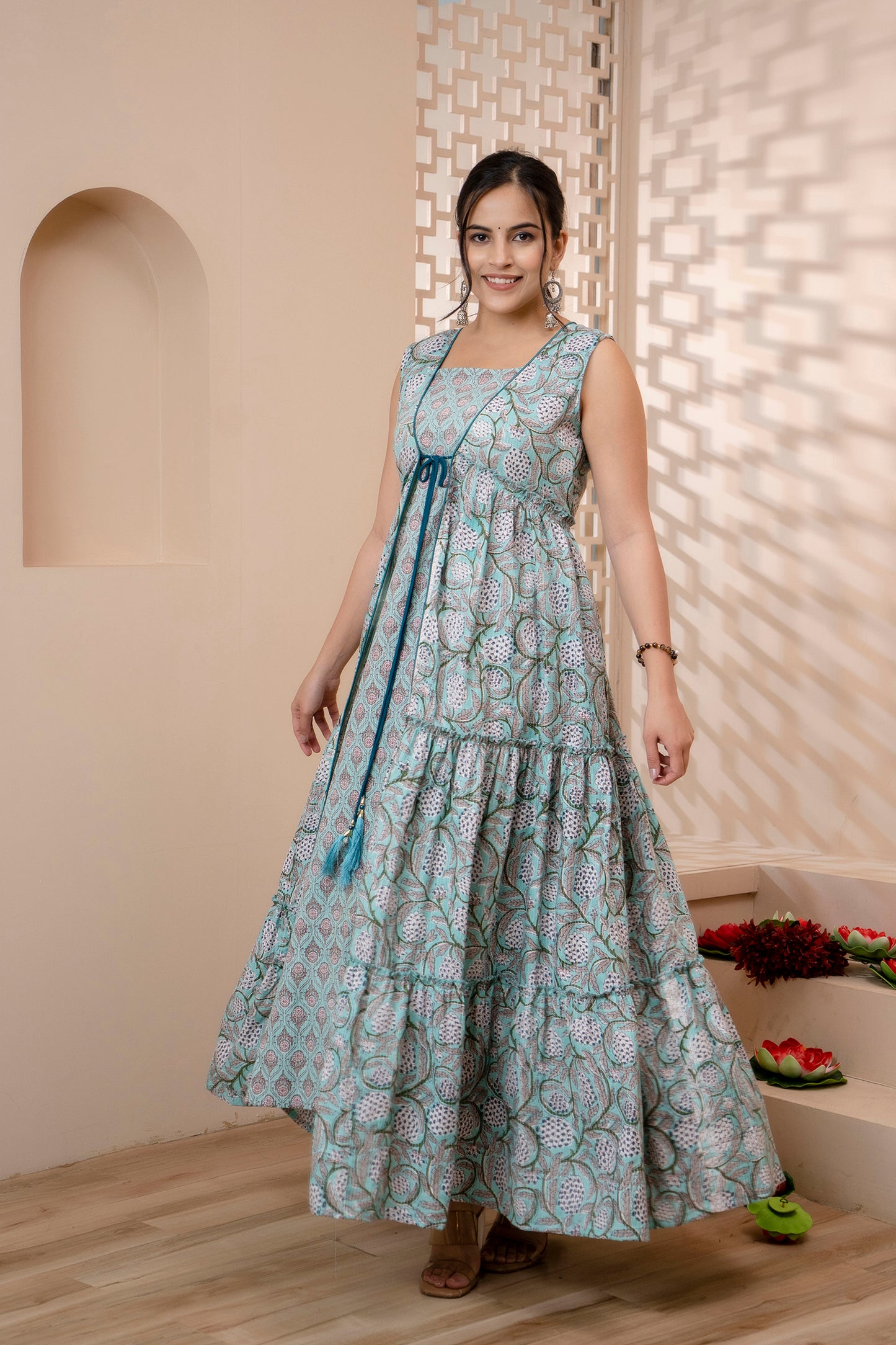Jaipurite Block Print Designer Open Front Long Dress