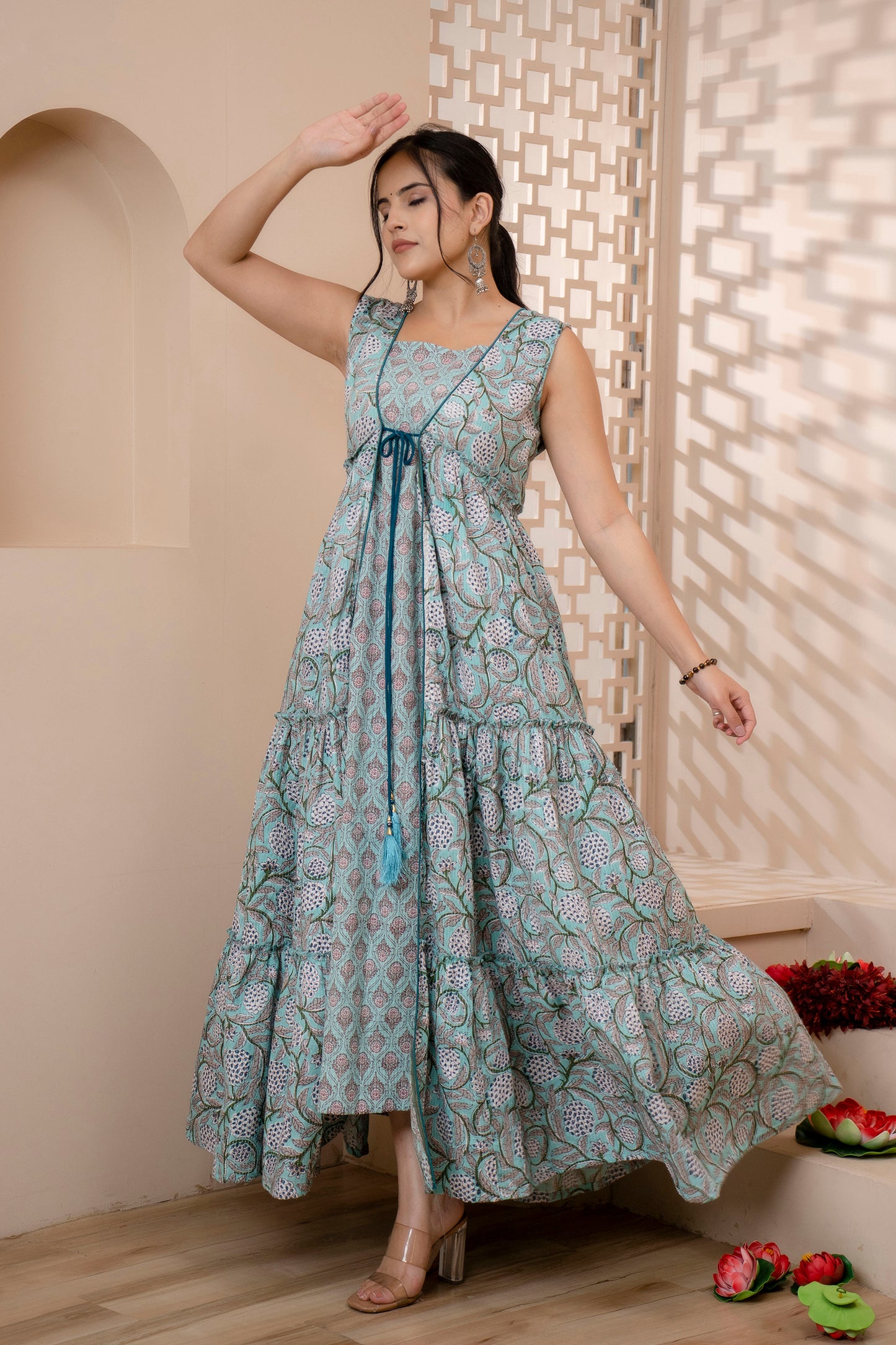 Jaipurite Block Print Designer Open Front Long Dress