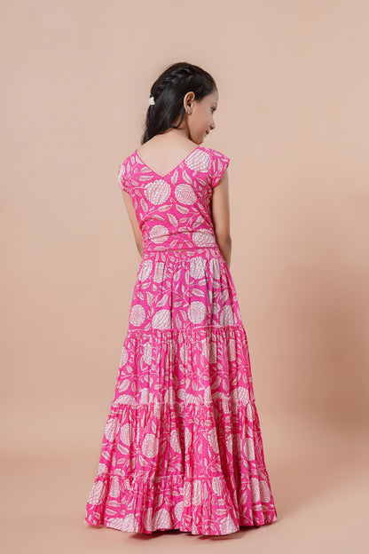 Girls Pink Floral Print Lehenga & Choli Set With Dupatta