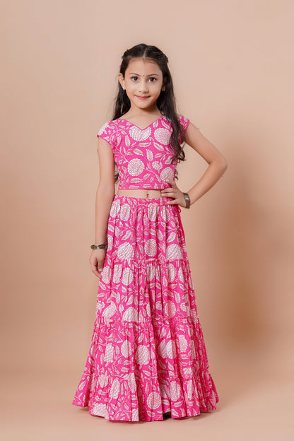 Girls Pink Floral Print Lehenga & Choli Set With Dupatta