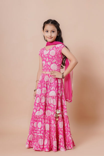 Girls Pink Floral Print Lehenga & Choli Set With Dupatta