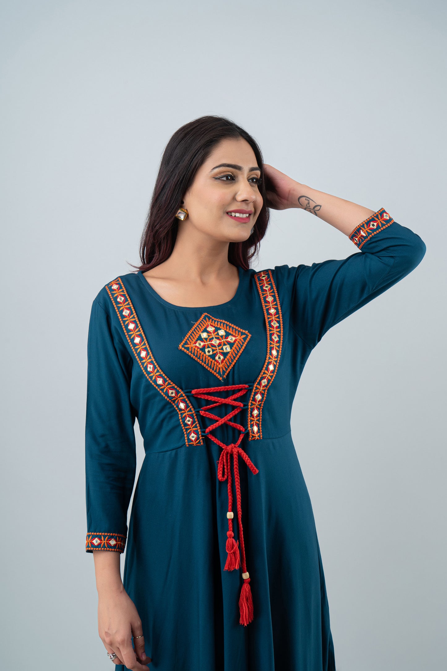 Jaipurite Teal Blue Embroidered Tie Up Flared Long Kurta