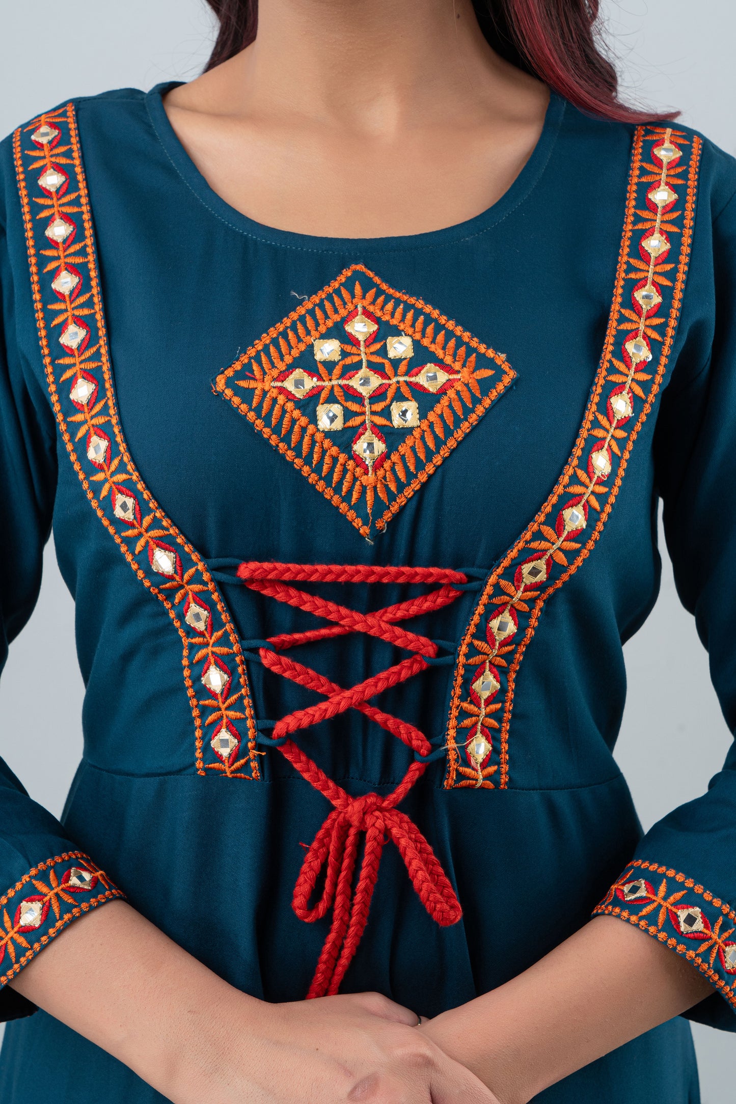 Jaipurite Teal Blue Embroidered Tie Up Flared Long Kurta