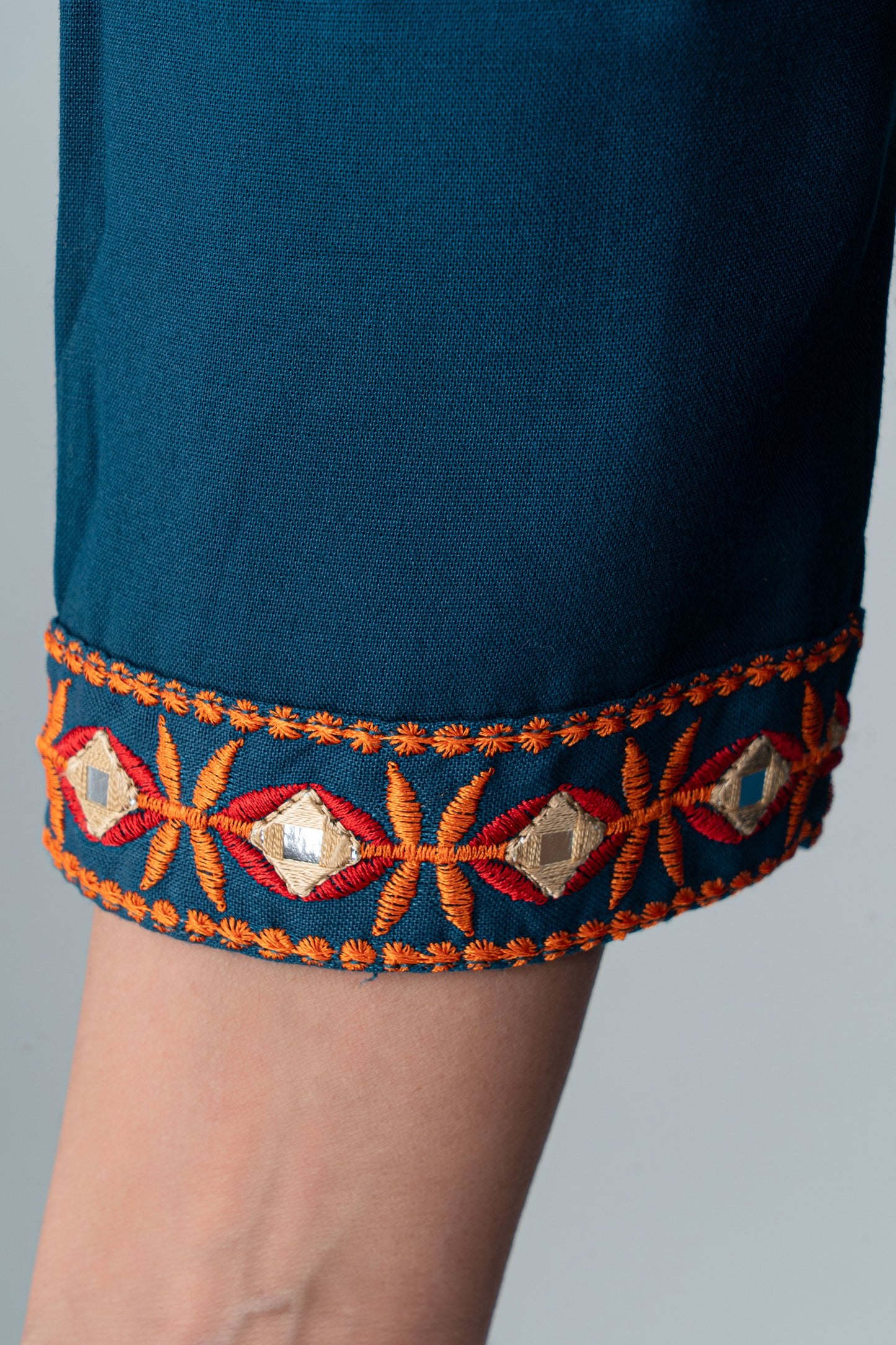 Jaipurite Teal Blue Embroidered Tie Up Flared Long Kurta