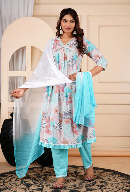 Pure Cotton Printed Aliya Cut Pant set with dupatta