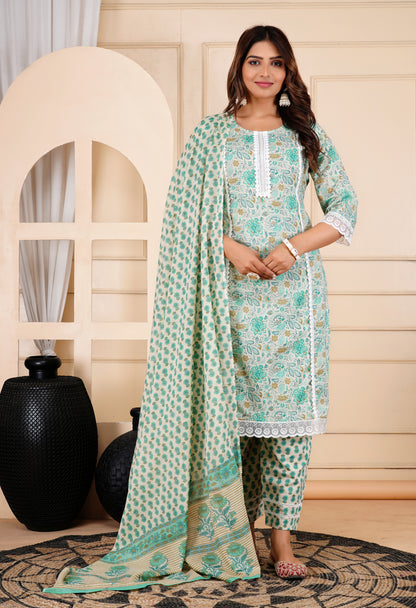 Pure Cotton Straight Kurta pant Dupatta Set