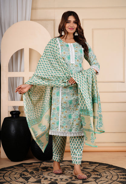 Pure Cotton Straight Kurta pant Dupatta Set