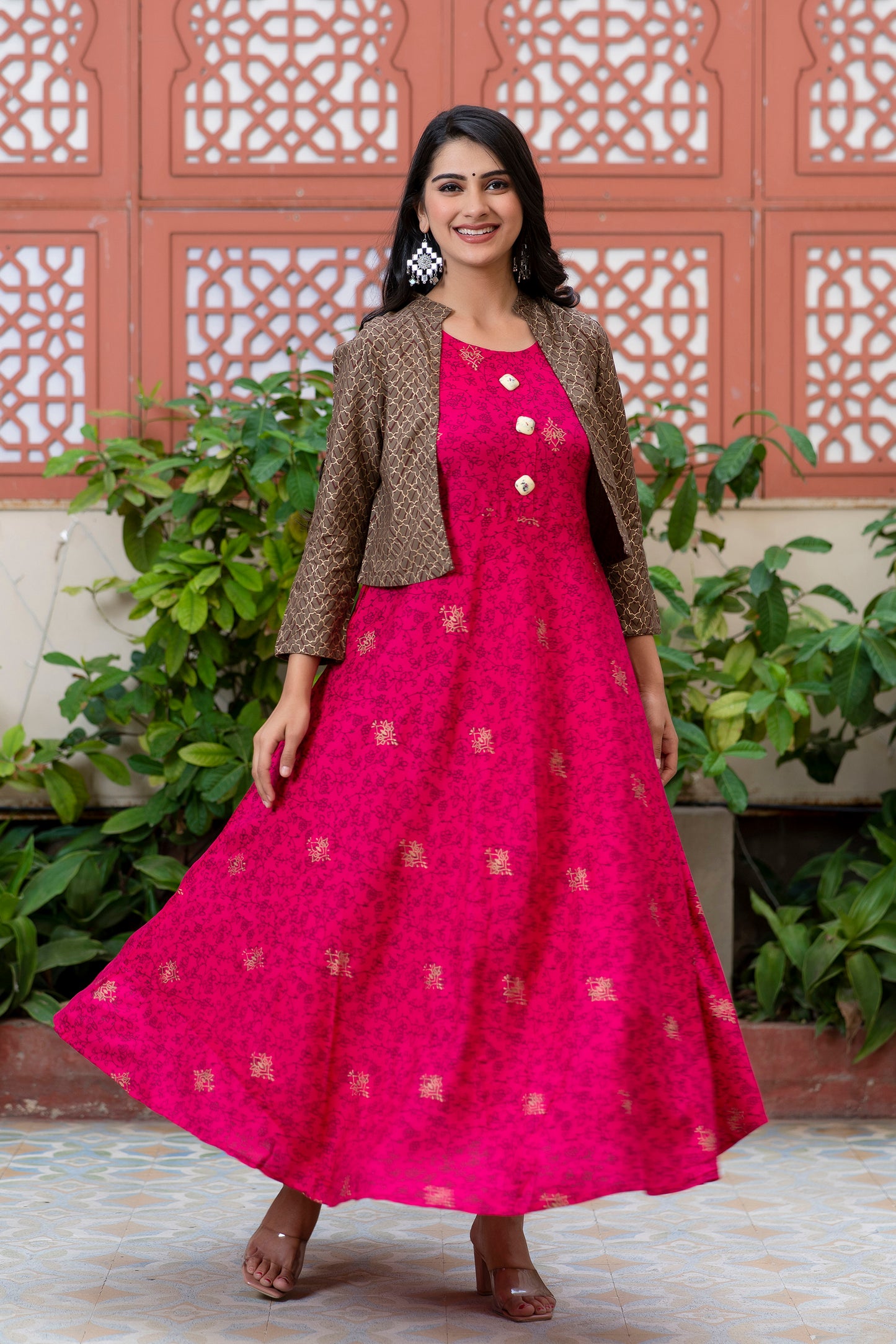 Jaipurite Gold Printed Designer Jacket Kurta In Pink
