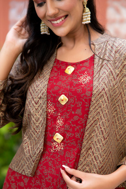 Jaipurite Gold Printed Designer Jacket Kurta In Maroon