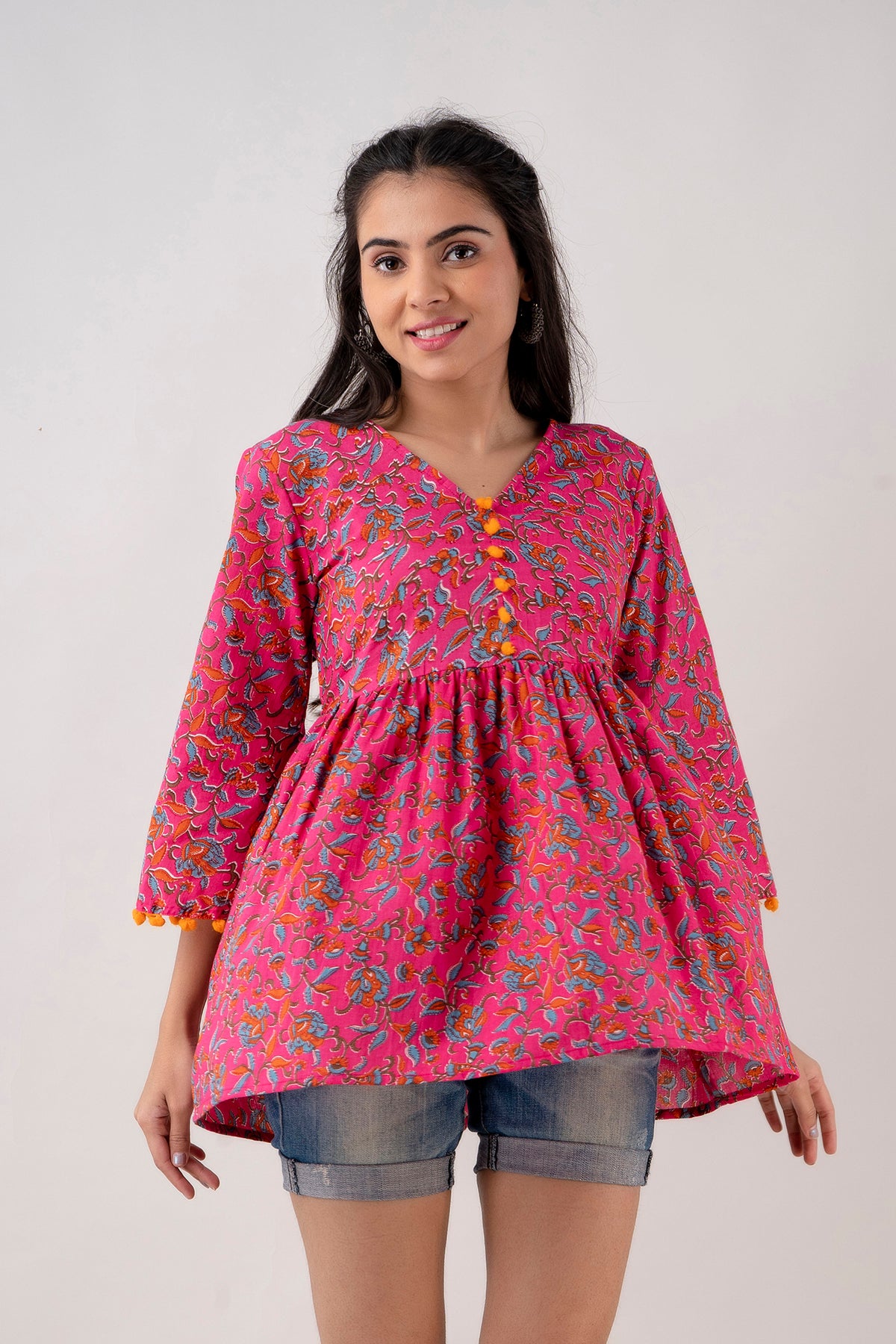 Jaipurite Dark Pink Floral Print Tunic in Cotton
